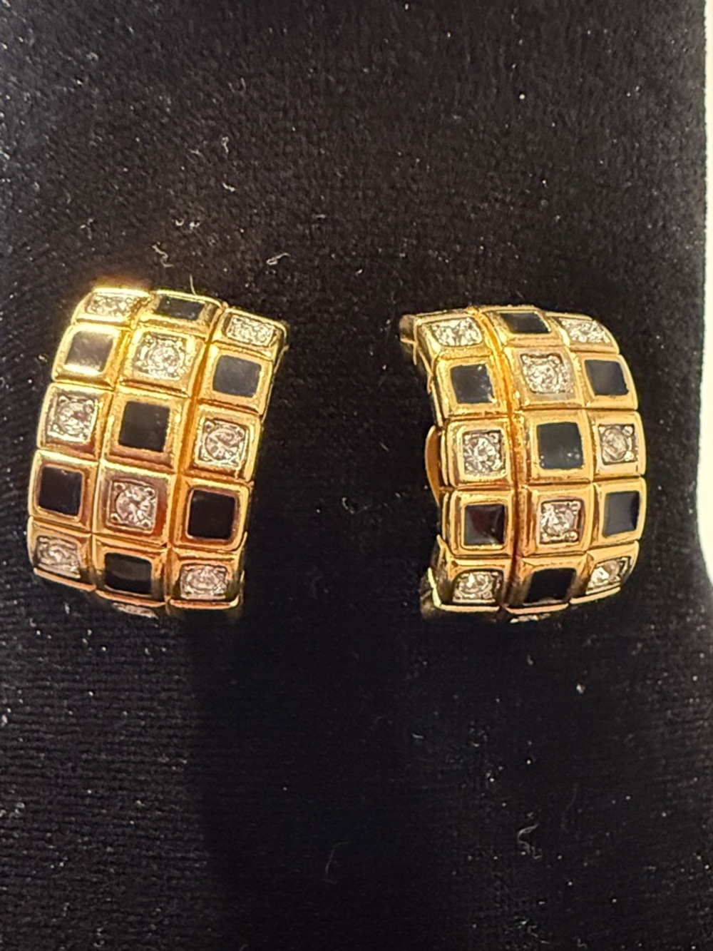 D’Orlan Vintage Gold Tone Grid Clip-On Earrings with Black and Clear Accents